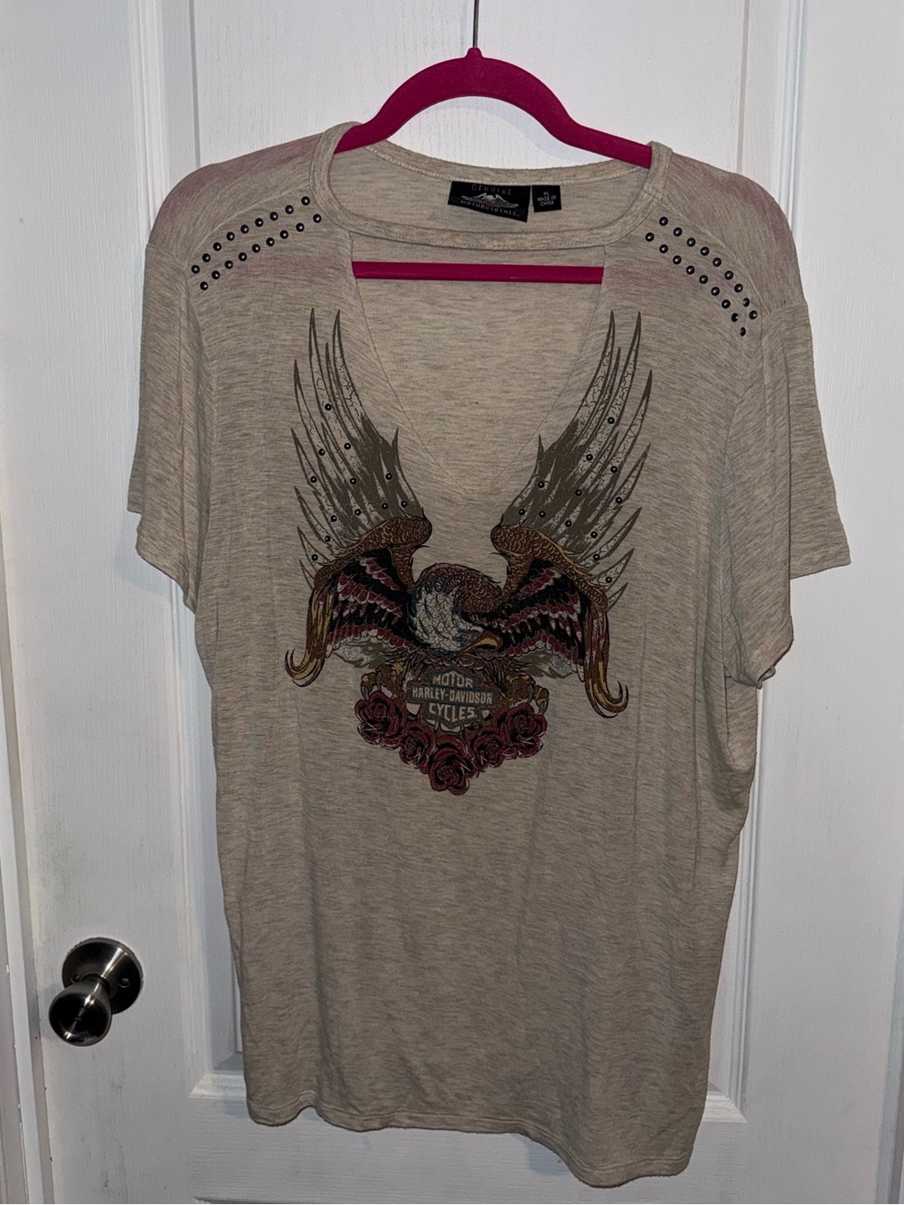 Harley-Davidson Beige Short-Sleeve Eagle Graphic Tee with Stud Accents